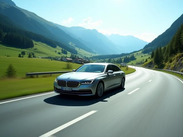 Modern car driving on a scenic Swiss highway, symbolizing easy travel.